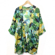 Long Green Mix Abstract Floral Print Kimono by Peace of Mind